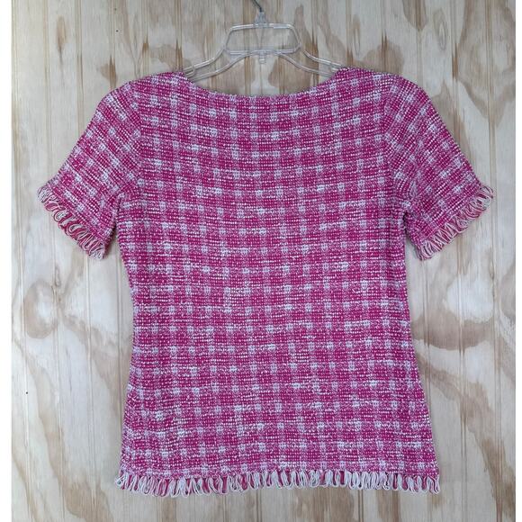 Sara Campbell Pink & White Tweed Shirt Size Small Blend Fringe Loop Trim - Picture 2 of 8